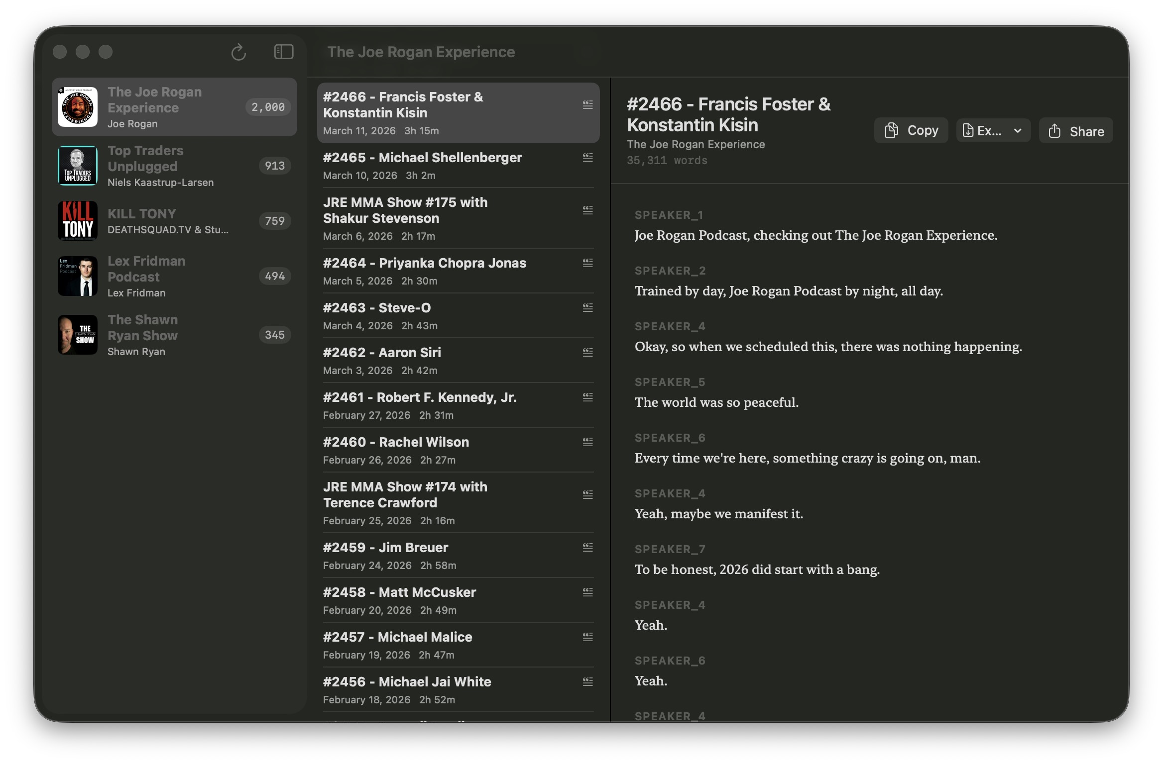 Overscript app showing full podcast transcript